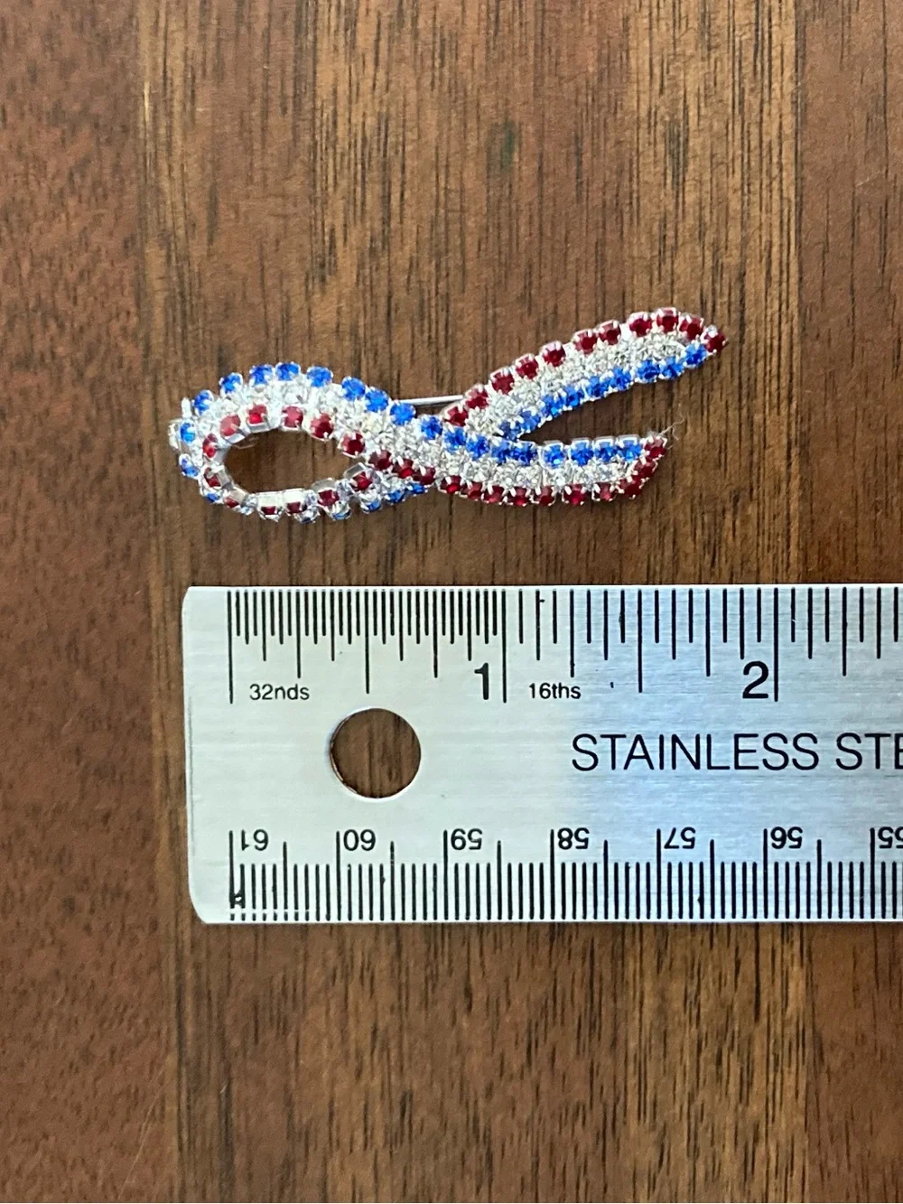 Silver Red White Blue Rhinestone Ribbon Pin Brooch 2 Inch